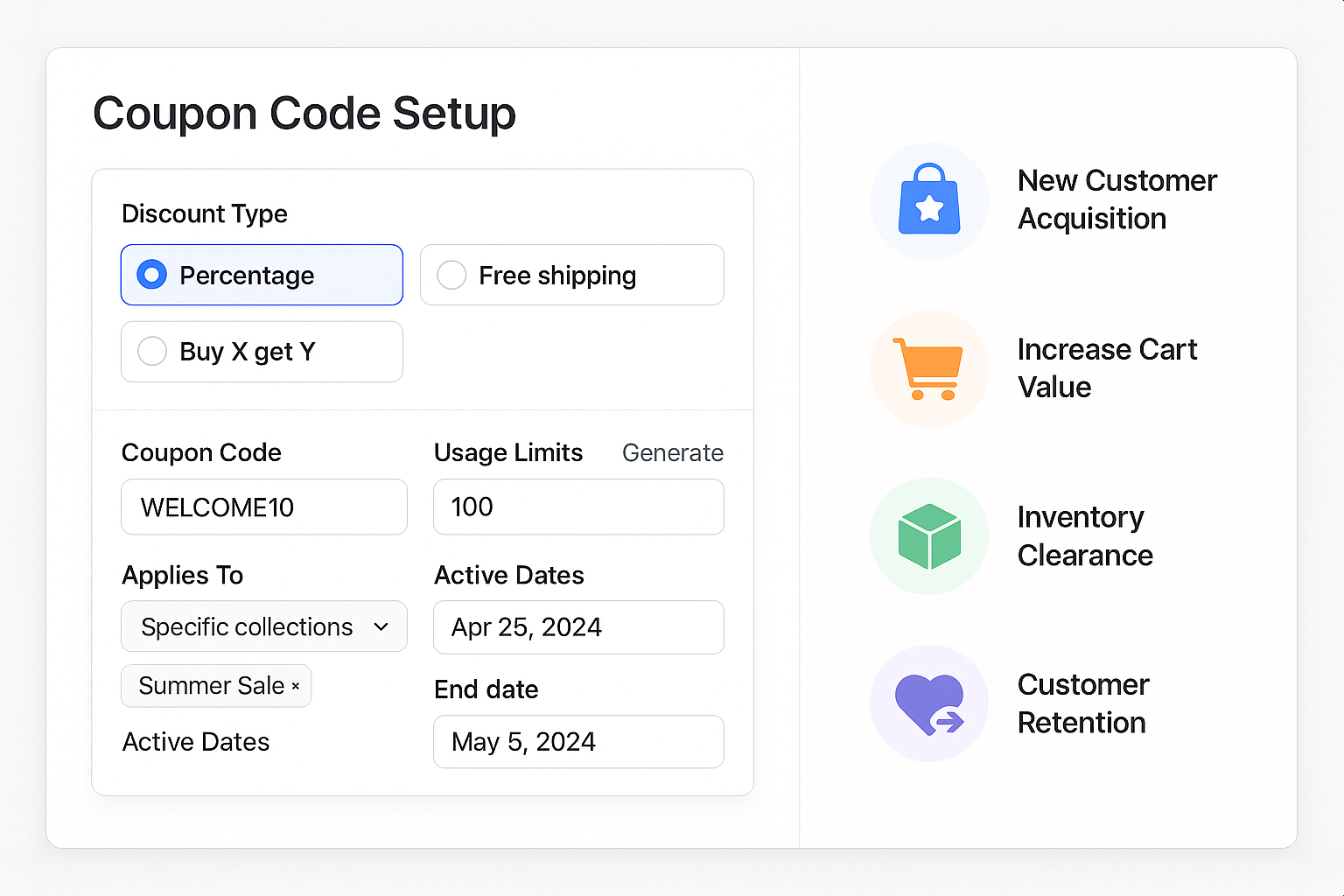 Dashboard showing coupon setup with discount type selection, code creation, usage limits, product targeting and promotional scheduling options