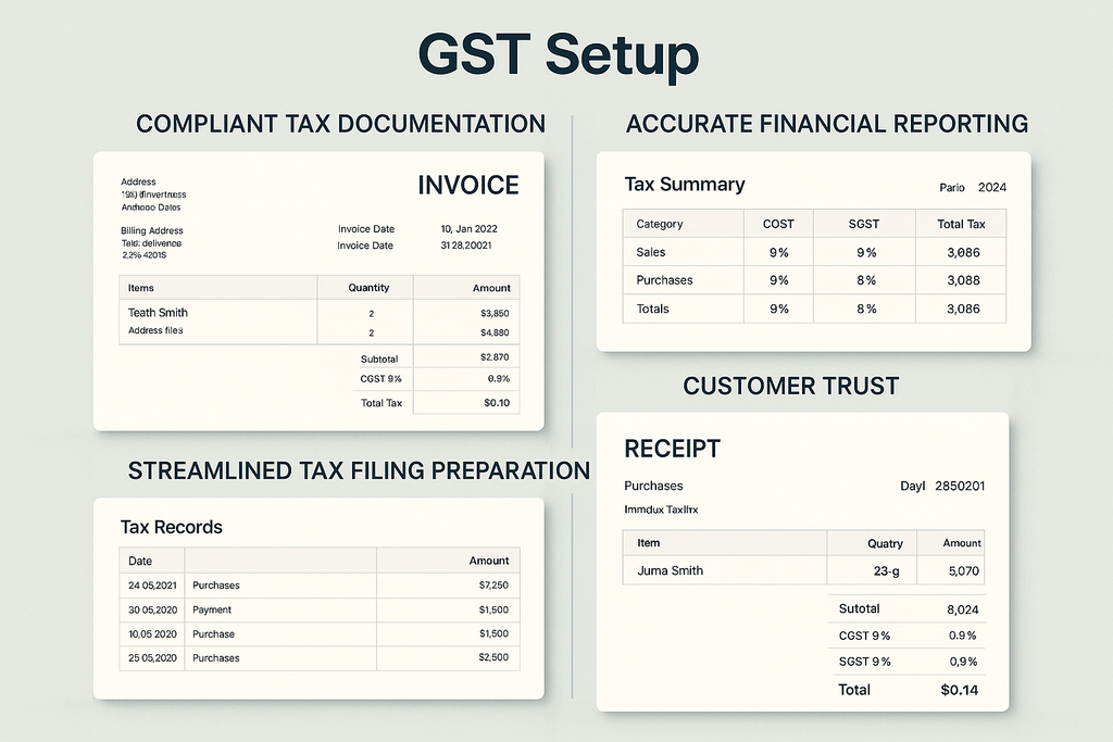 Dashboard showing GST benefits - compliant invoices, accurate financial reporting, streamlined tax filing preparation and transparent customer receipts