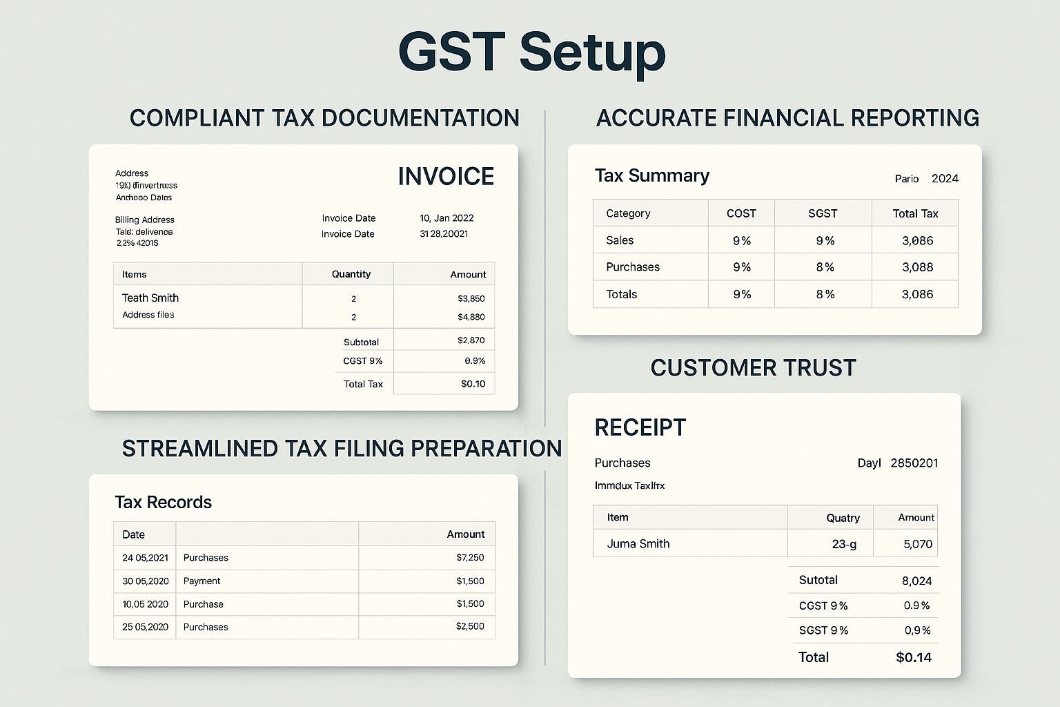 Dashboard showing GST benefits - compliant invoices, accurate financial reporting, streamlined tax filing preparation and transparent customer receipts