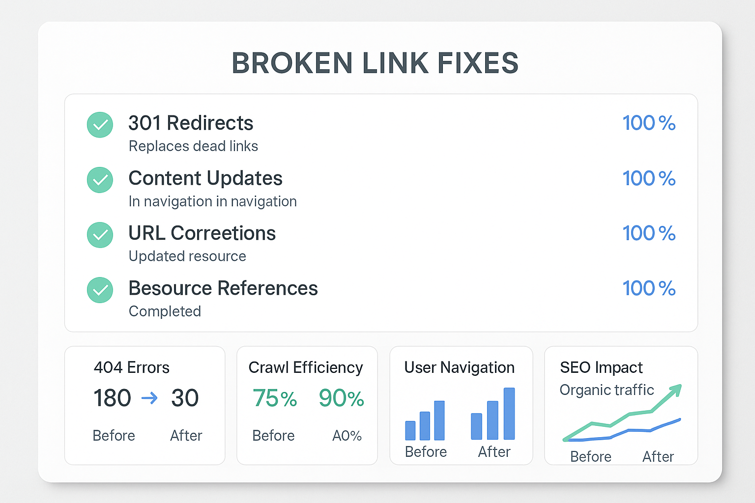 Dashboard showing implemented fixes like redirects and content updates alongside metrics showing reduced 404 errors and improved SEO performance