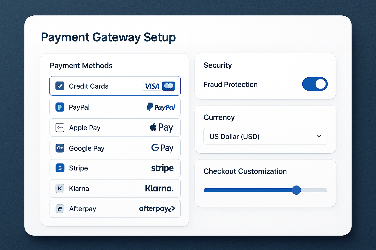 Dashboard showing payment setup with method selection panel, security configuration, currency options and checkout customization settings