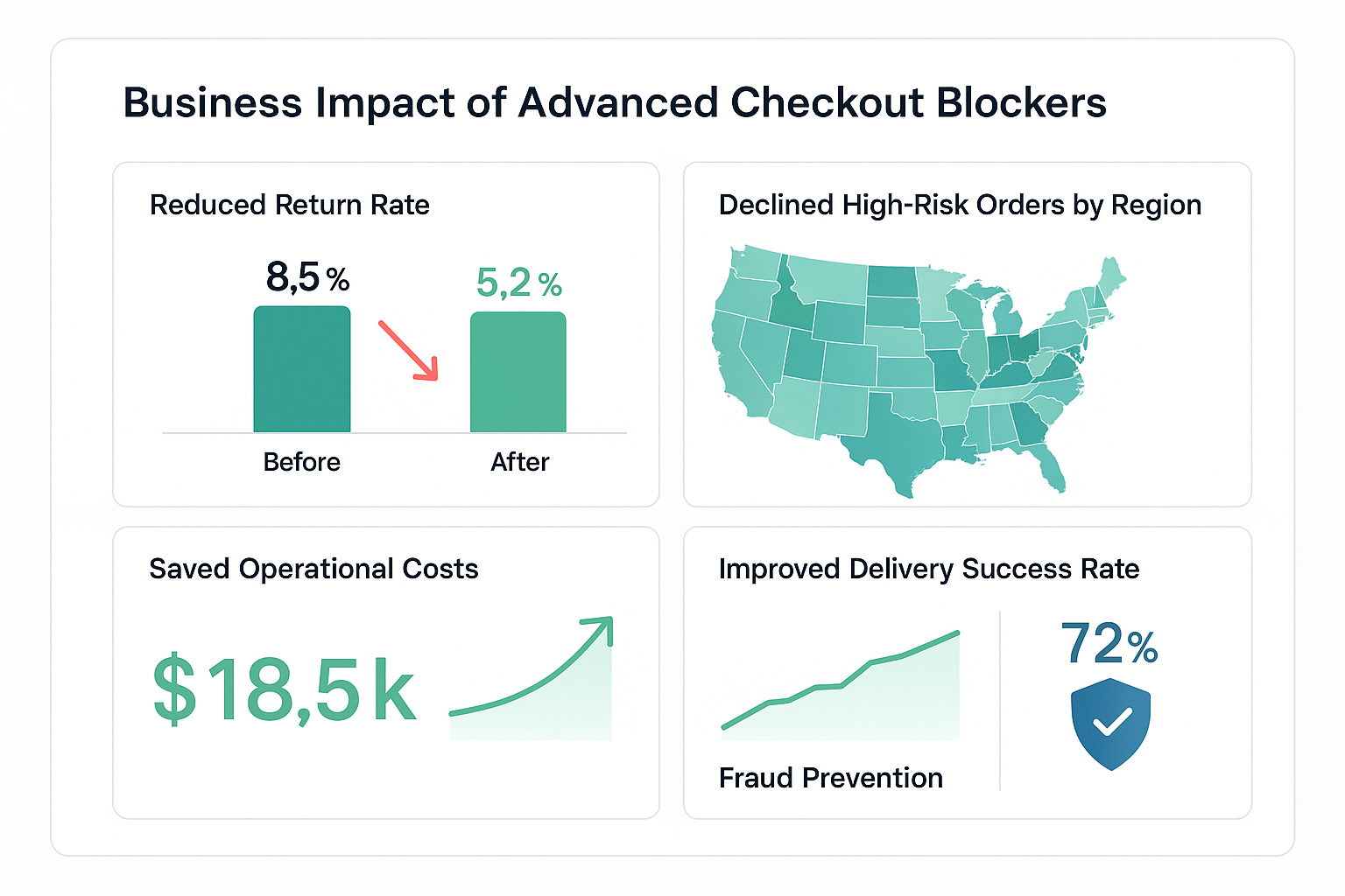 Dashboard showing positive impact metrics including reduced return rates, declined high-risk orders by region, and improved delivery success rates