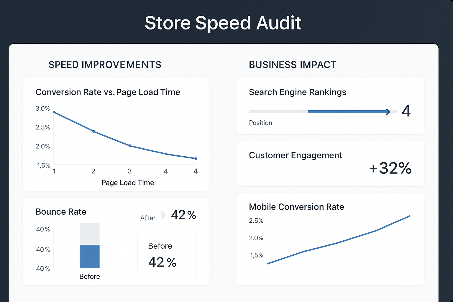Dashboard showing relationship between improved page load times and business metrics like higher conversion rates, lower bounce rates and better search rankings
