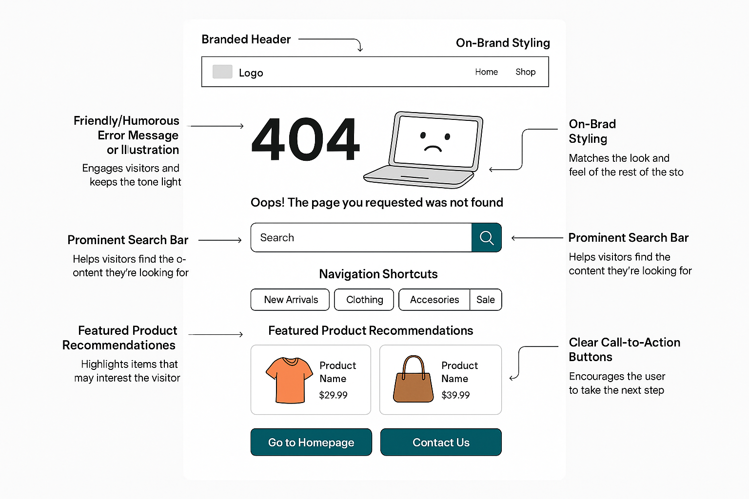 Deconstructed view of custom 404 page with labeled elements including branded header, search bar, navigation shortcuts and product recommendations
