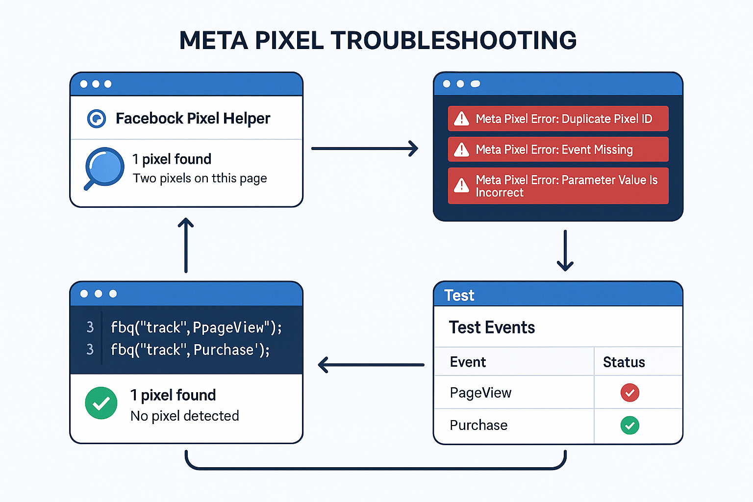 Diagnostic sequence showing pixel troubleshooting with Facebook Pixel Helper identifying issues, debugging console, and resolution implementation