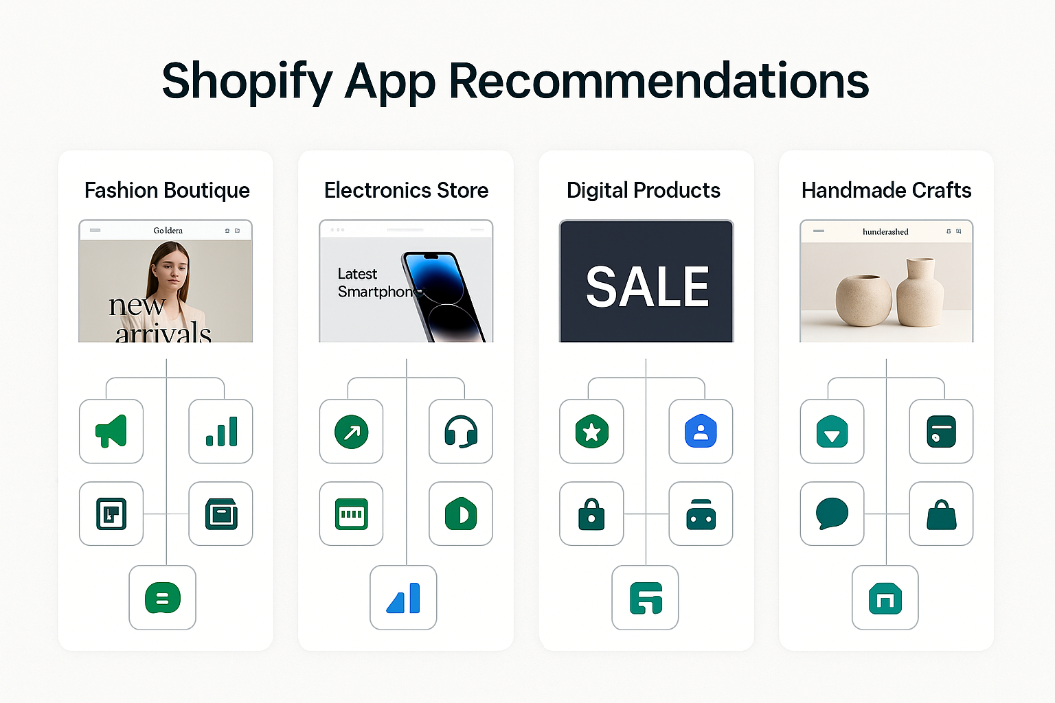 Different store types side by side (fashion, electronics, digital, handmade) each connected to specialized app selections for their specific needs