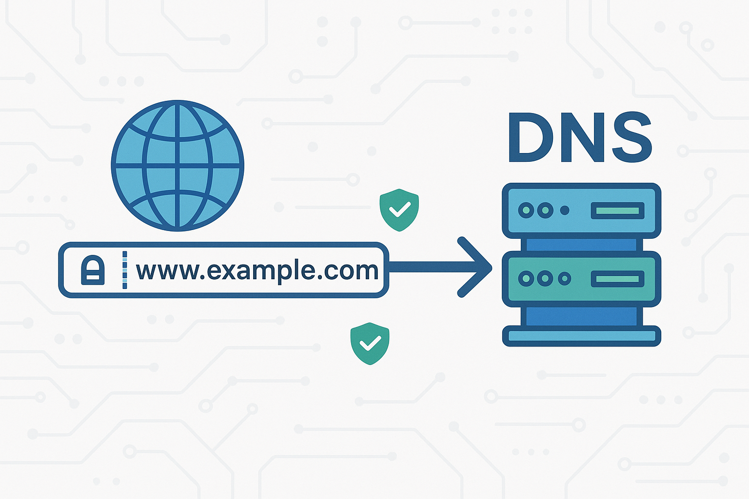 Domain connection visualization with light background showing website URL connecting to DNS with tech elements and connection flow