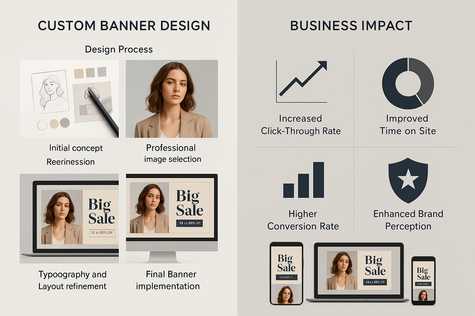 Dual-panel view showing banner design process from concept to implementation alongside business impact with click-through and conversion metrics