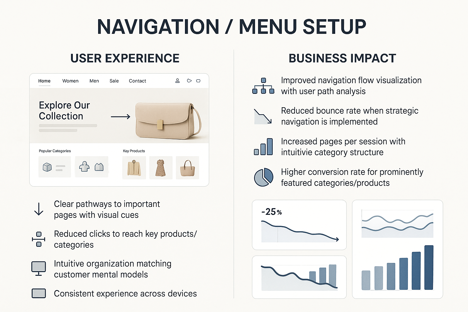 Dual-panel view showing navigation UX improvements with clear pathways alongside business impact with reduced bounce rate and increased session metrics