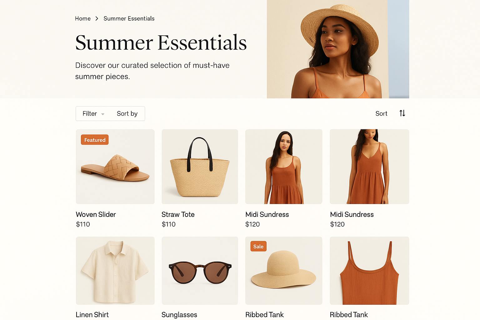 E-commerce collection page showing Summer Essentials header banner, product grid, filtering options, and featured items on light background