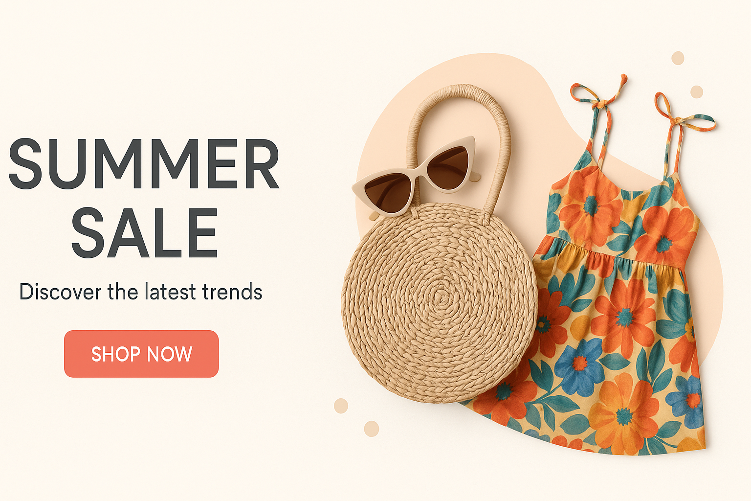 E-commerce custom banner showing wide horizontal design with Summer Sale headline, product imagery, and Shop Now button on light background
