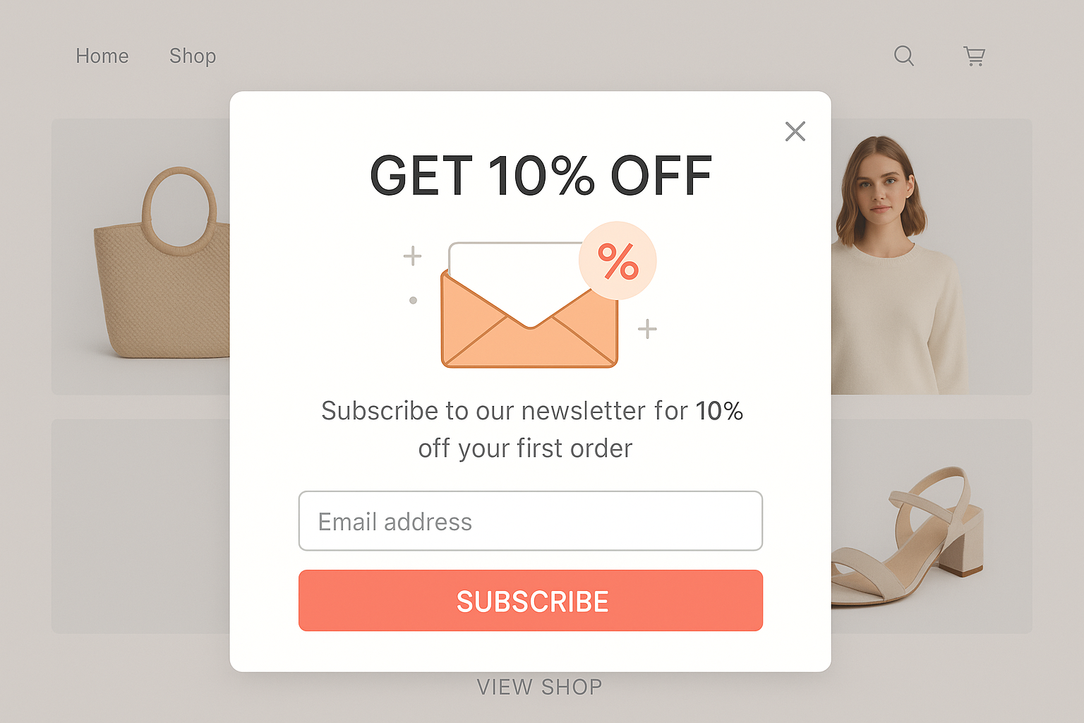 E-commerce email popup showing newsletter signup form with discount offer overlaid on a website with clean design on light background