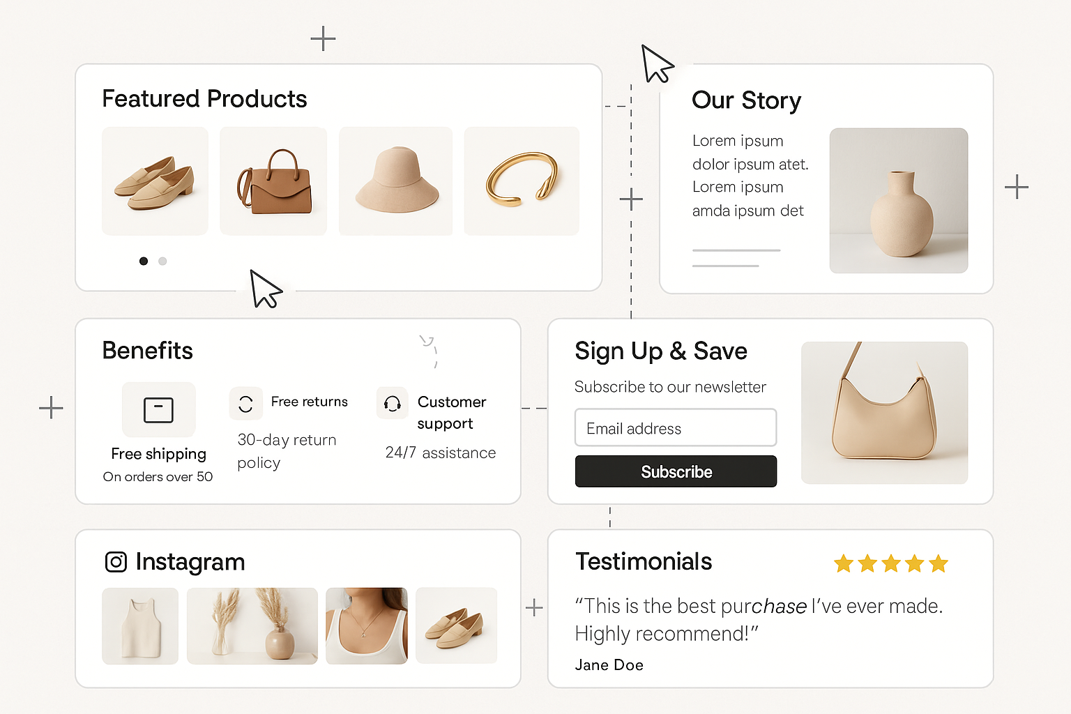 E-commerce homepage section add-ons showing modular components like product carousel, brand story, features grid, newsletter signup and testimonials with drag-drop functionality on light background