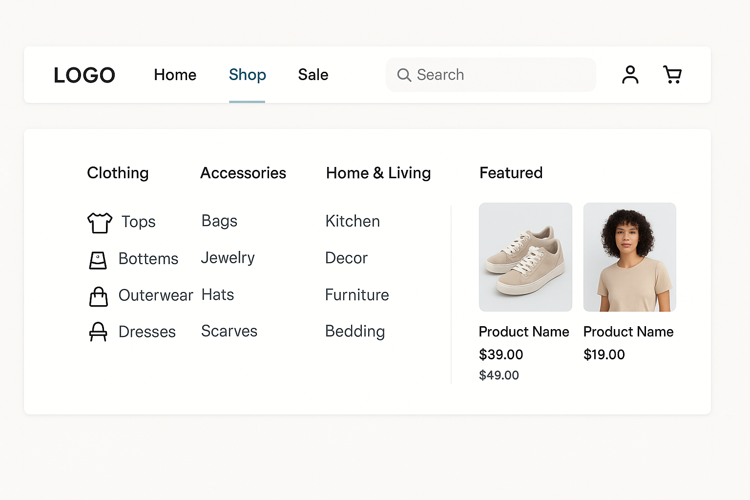 E-commerce navigation showing header with logo, menu categories, search bar, user account, cart icon and expanded mega menu dropdown on light background