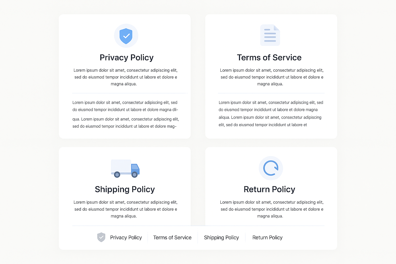 E-commerce policy pages showing clean layout for Privacy Policy, Terms of Service, Shipping Policy and Return Policy with organized sections and icons on light background