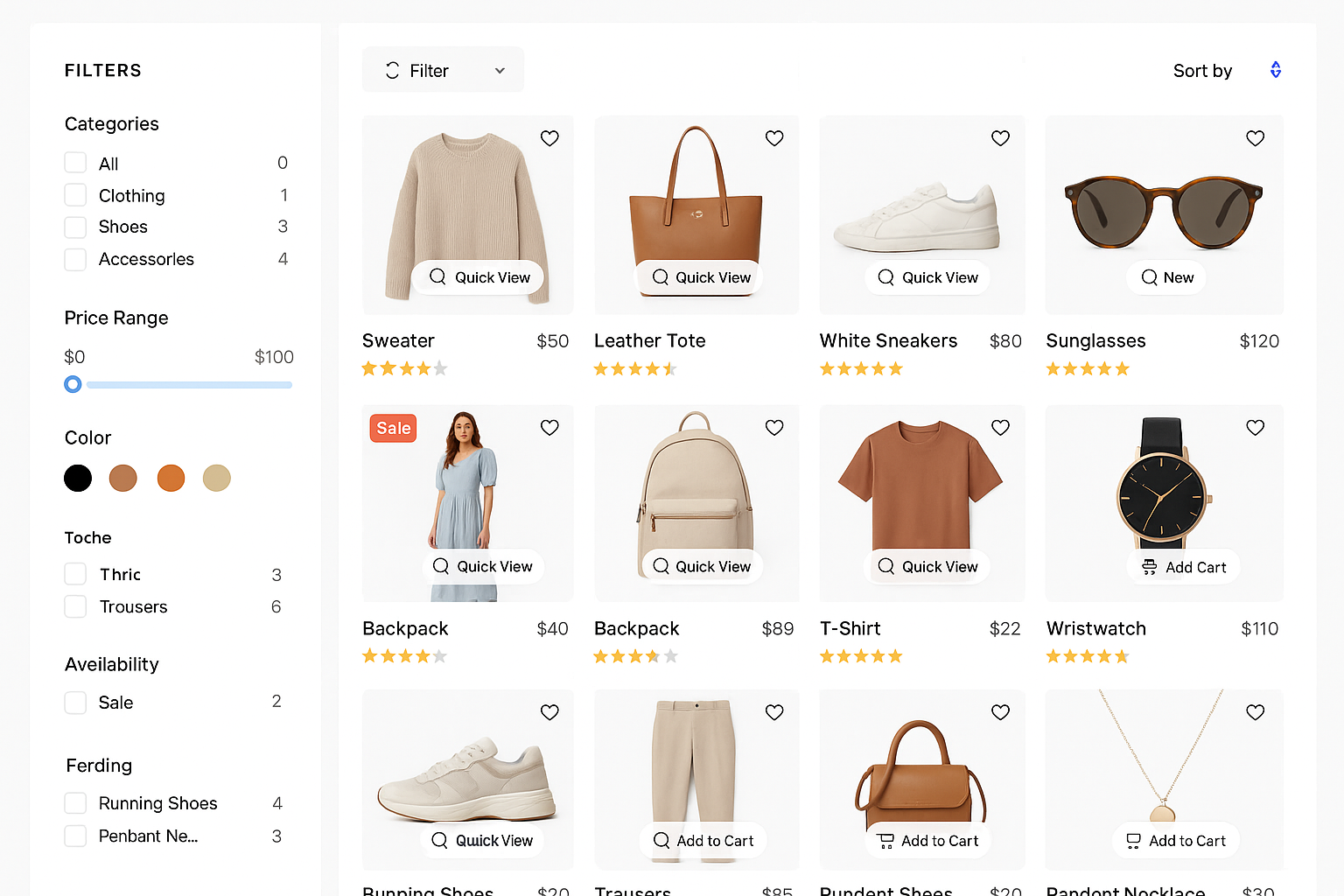 E-commerce product listing page showing grid layout with product images, titles, prices, ratings, filter options and shopping features on light background