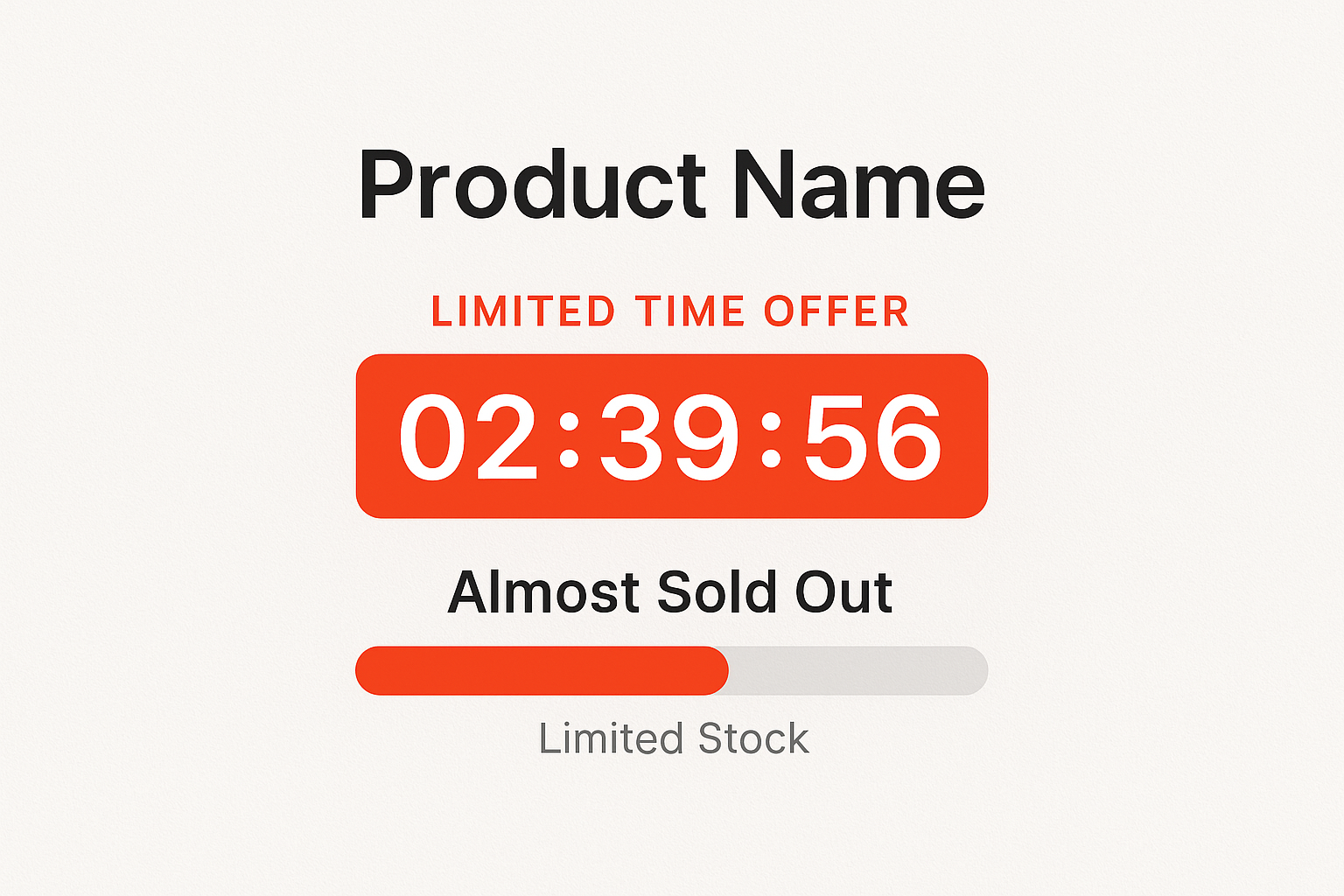 E-commerce product page showing countdown timer for limited-time offer and stock availability bar indicating limited inventory on a clean light background