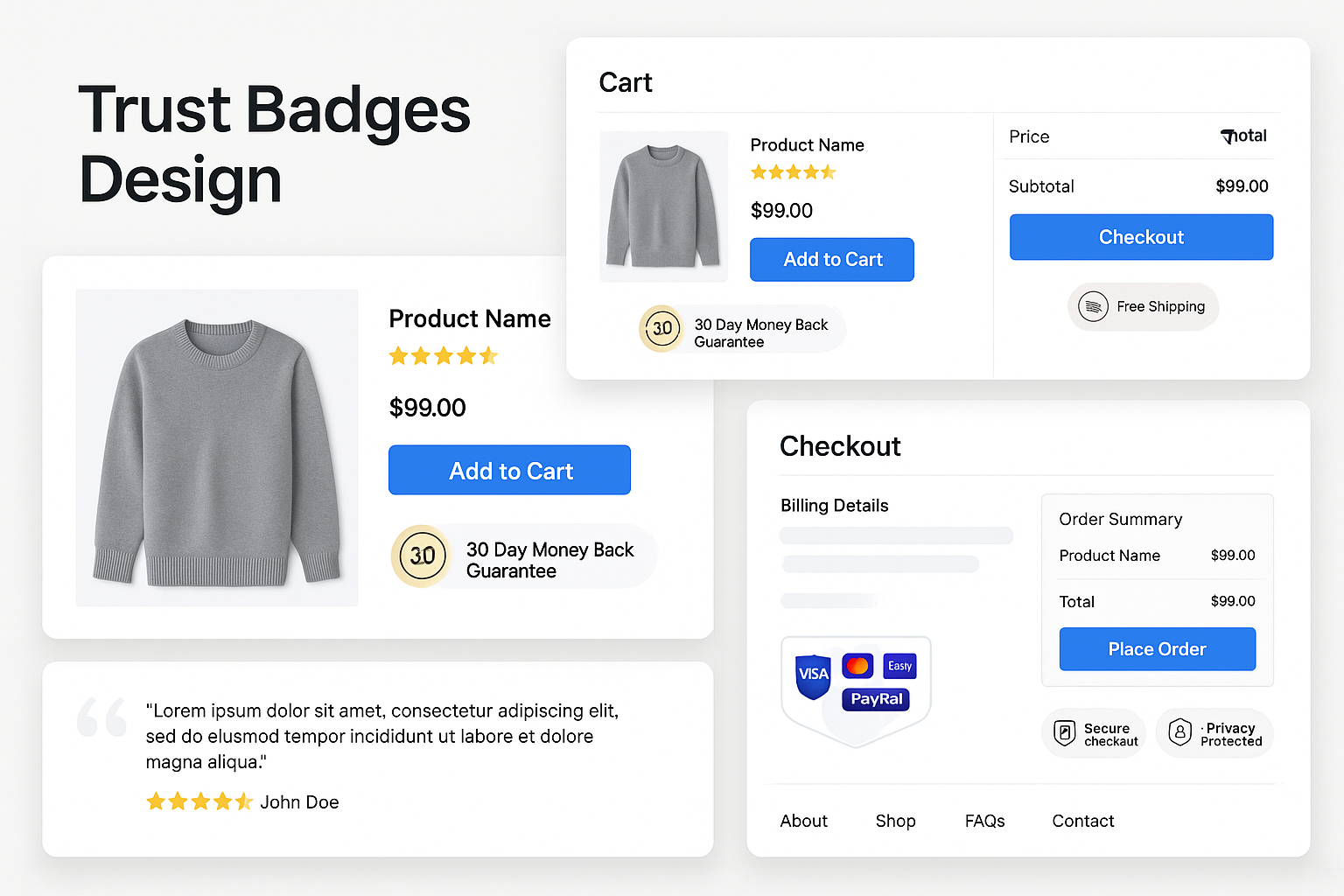 E-commerce website showing various trust badge types strategically placed throughout product page, cart, checkout and footer sections
