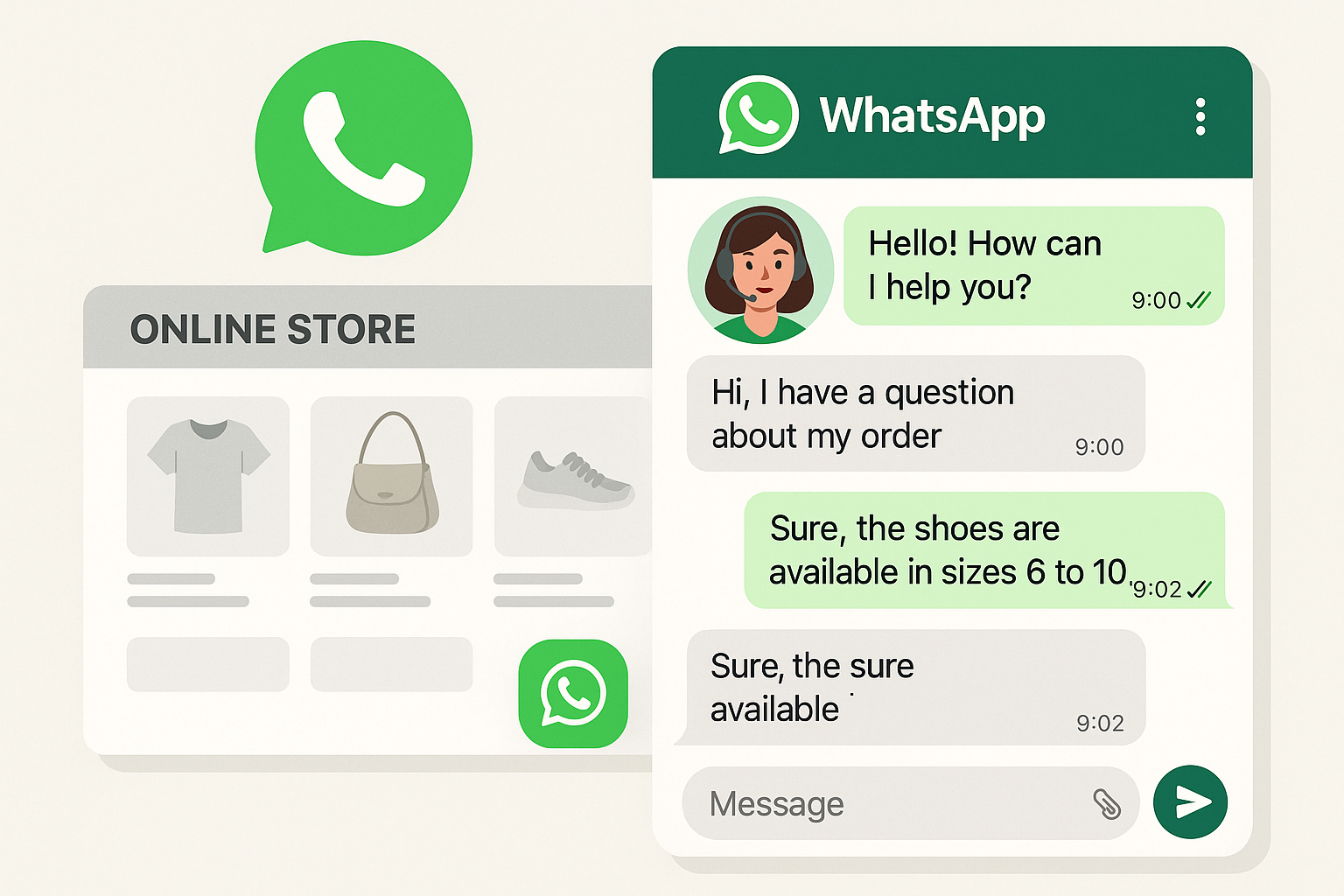 E-commerce website showing WhatsApp chat button and open chat interface with customer service interaction on light background with green accents