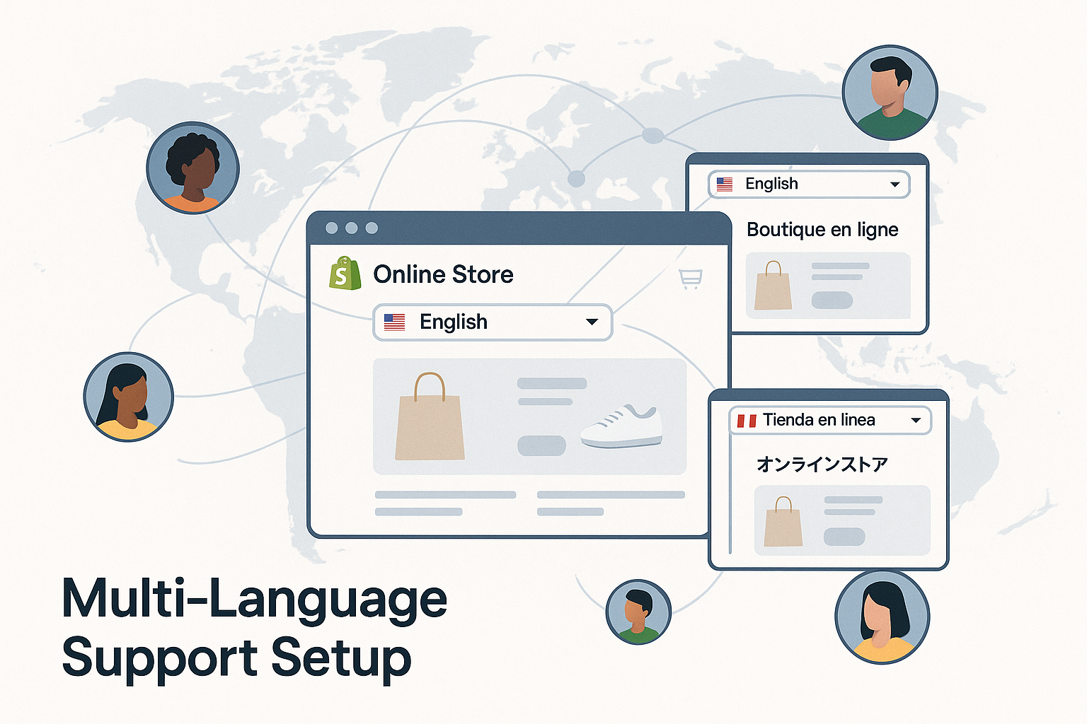 E-commerce website shown in multiple languages with prominent language selector and global elements connecting different regions