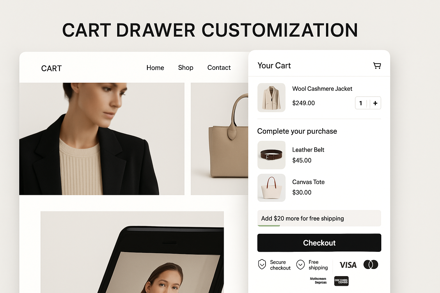 E-commerce website with expanded cart drawer highlighting product section, cross-sell area, shipping progress bar and checkout with trust badges