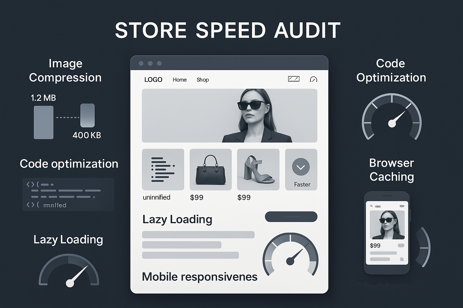 E-commerce website with highlighted optimization areas showing image compression, code minification, caching, lazy loading and mobile improvements
