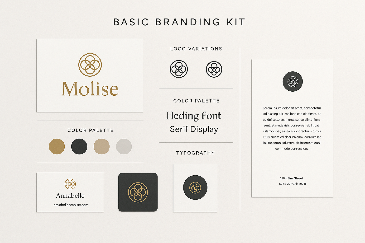 Elegant arrangement of branding elements including logo variations, color palette, typography selection and basic applications like business card and letterhead