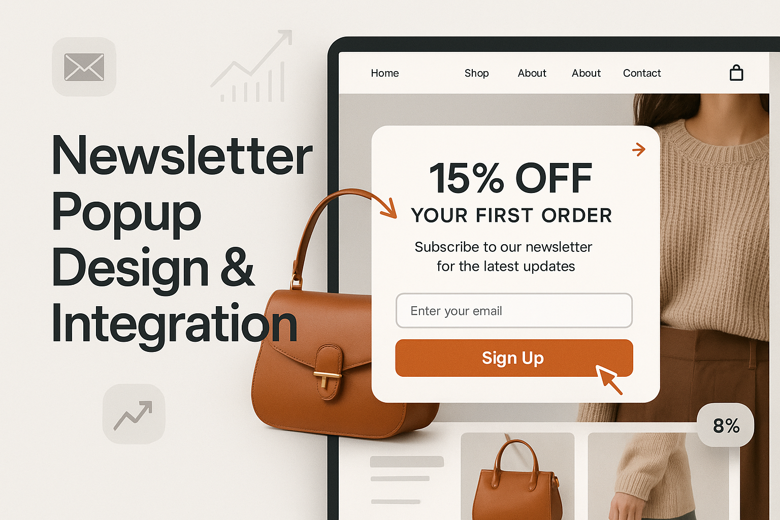 Elegant newsletter popup overlaid on e-commerce store featuring discount offer, email field and call-to-action button with conversion indicators