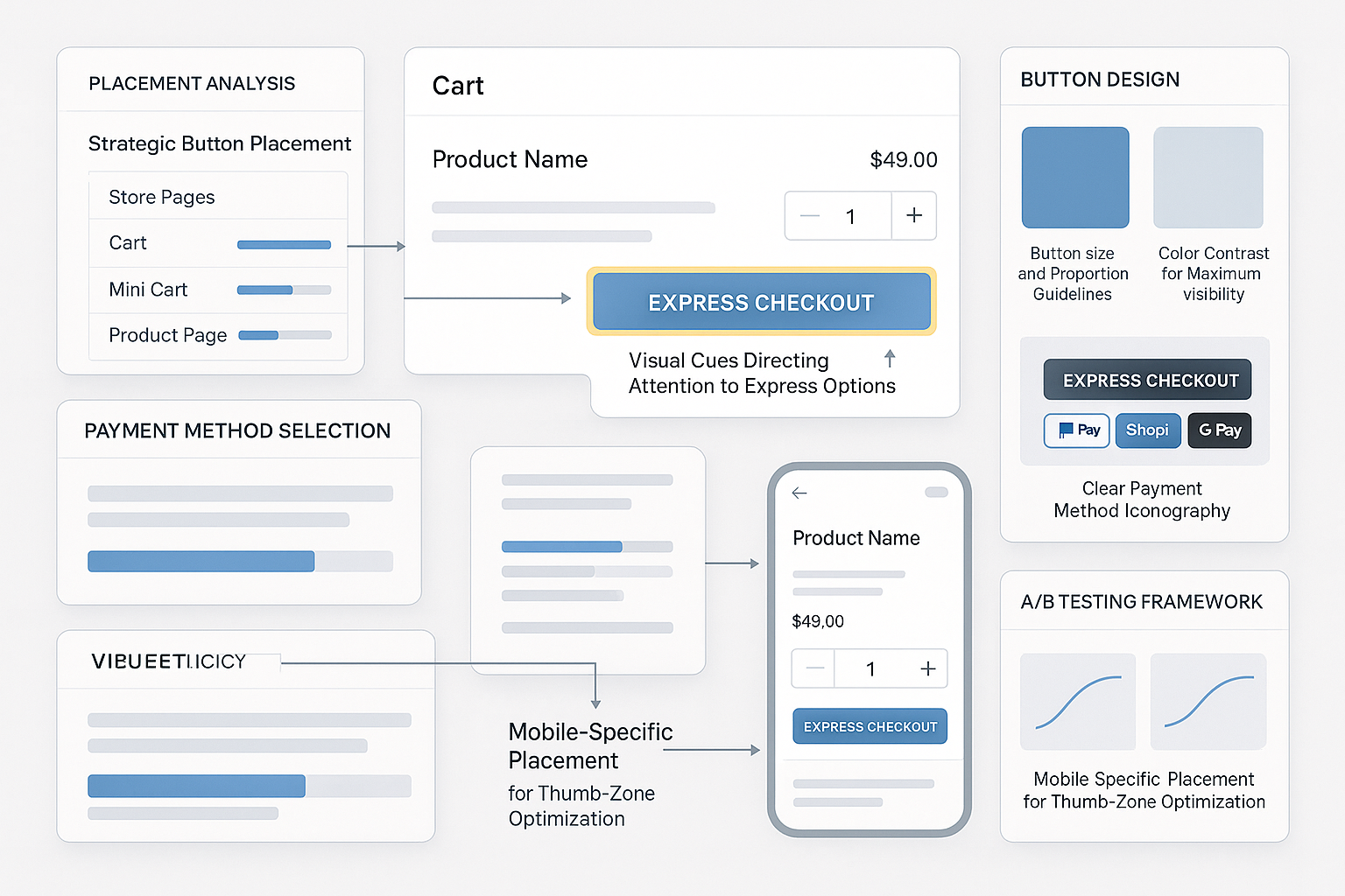 Express checkout optimization dashboard showing button placement analysis, visual hierarchy optimization, design enhancement, payment method selection, mobile placement and A/B testing framework
