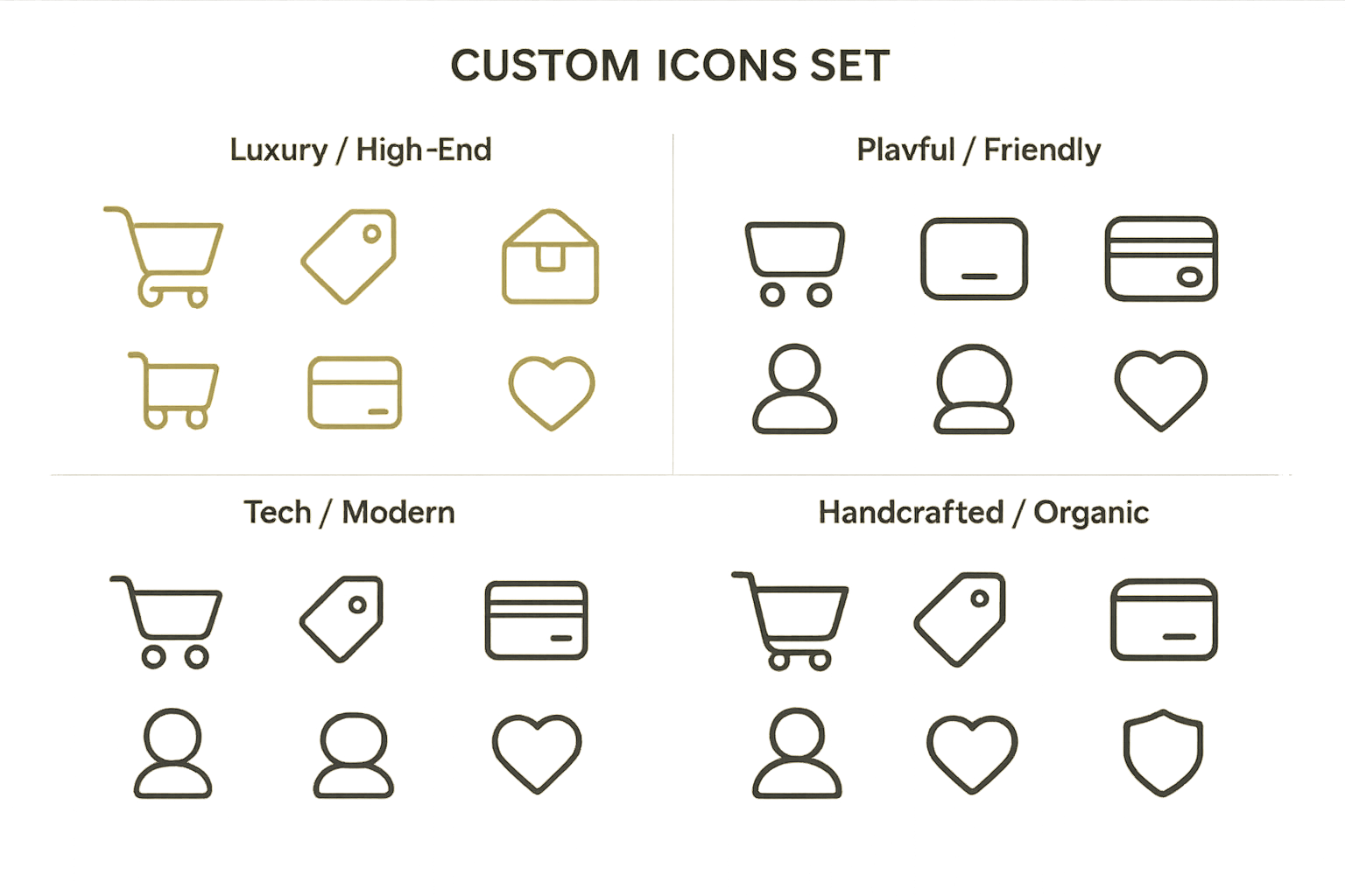 Four distinct icon sets side by side - elegant luxury icons, playful rounded icons, sleek tech icons, and textured artisanal icons for different brands