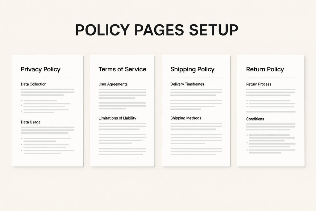 Four distinct policy page examples side by side - Privacy Policy, Terms of Service, Shipping Policy and Return Policy with organized sections and clear headings