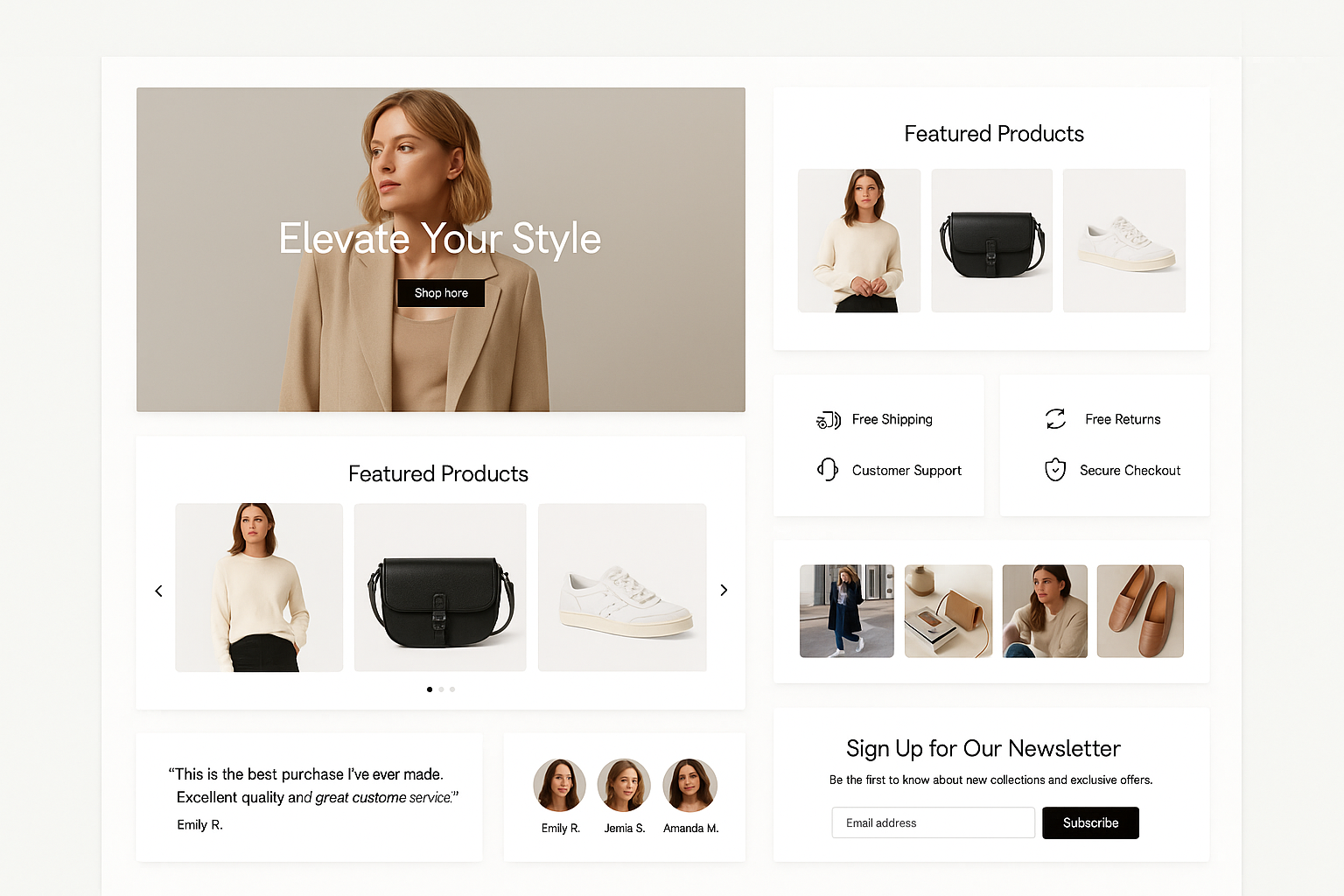 Grid of beautifully designed homepage sections including hero banner, product carousel, benefits grid, testimonials, Instagram feed and newsletter signup