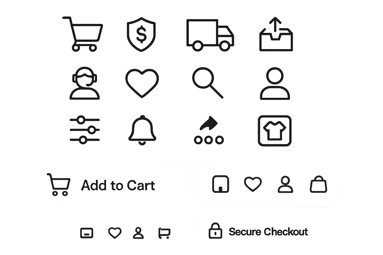 Grid of cohesive e-commerce icons including cart, payment, shipping and support with examples showing implementation in website context