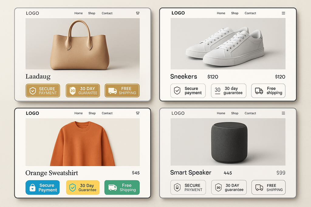 Grid of different e-commerce sites each with distinct brand styles featuring trust badges custom-designed to match each specific aesthetic
