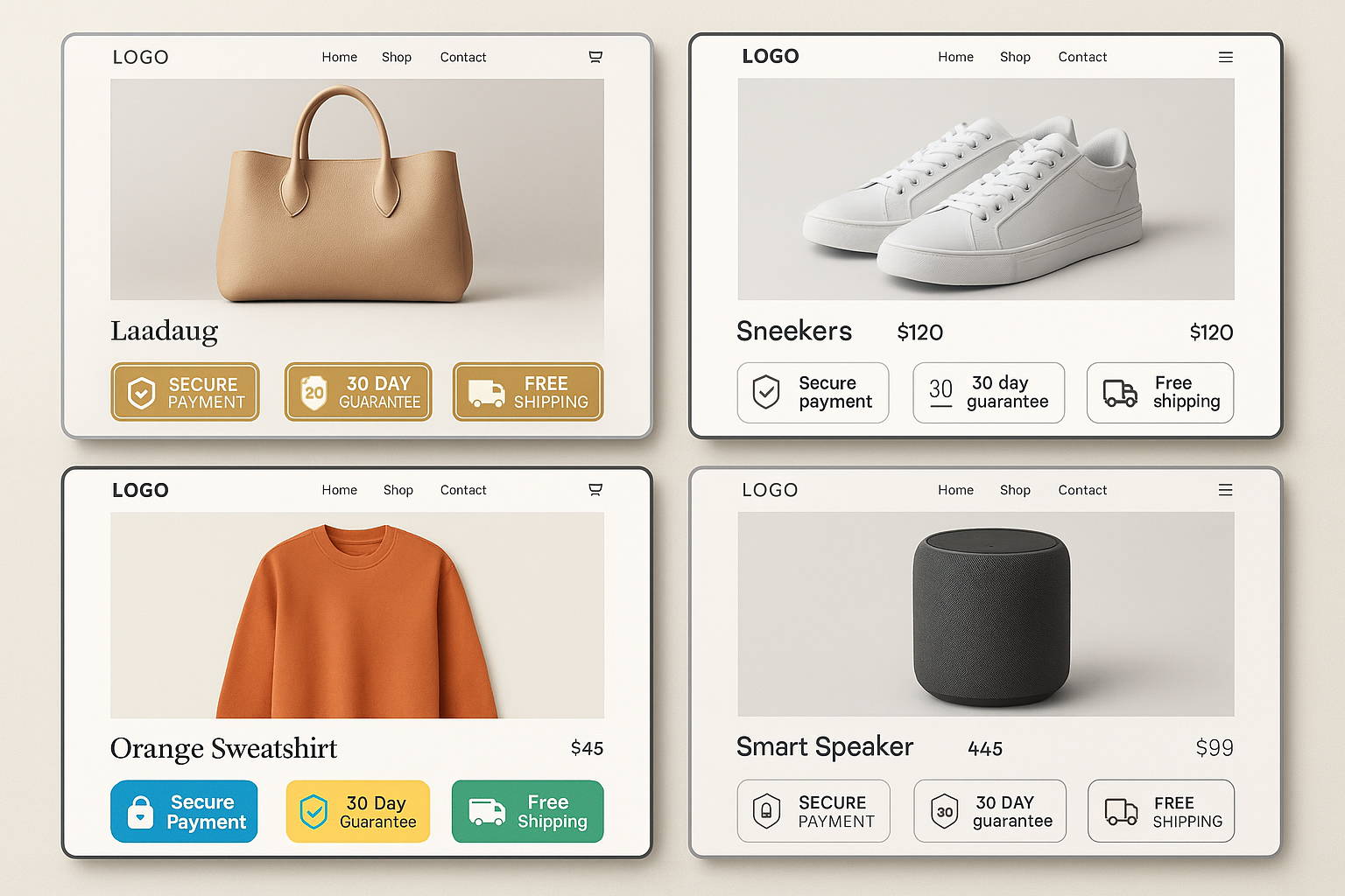 Grid of different e-commerce sites each with distinct brand styles featuring trust badges custom-designed to match each specific aesthetic