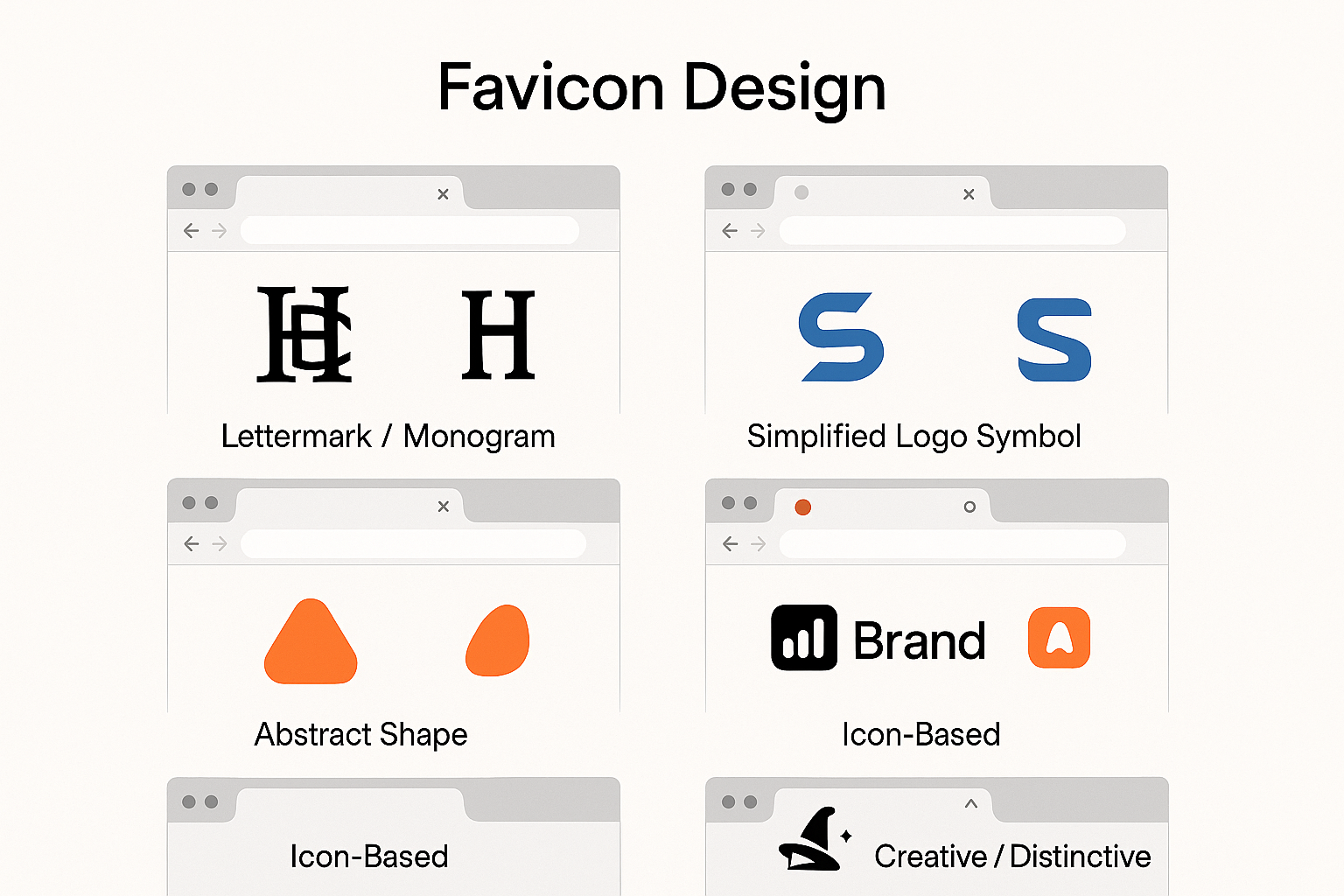 Grid of different favicon approaches showing original logos beside simplified favicon versions with browser tab examples at actual size