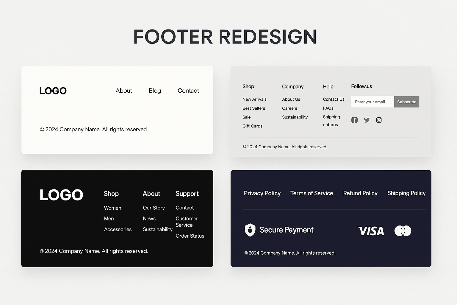 Grid of different footer designs - minimal elegant style, feature-rich with multiple columns, brand-forward with identity elements, and trust-focused