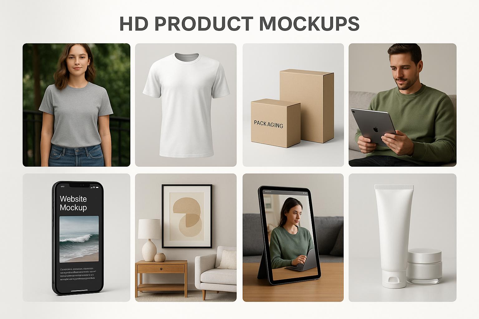 Grid of different mockup types - apparel on models, ghost mannequin clothing, product packaging, digital devices, home goods in settings, and beauty products