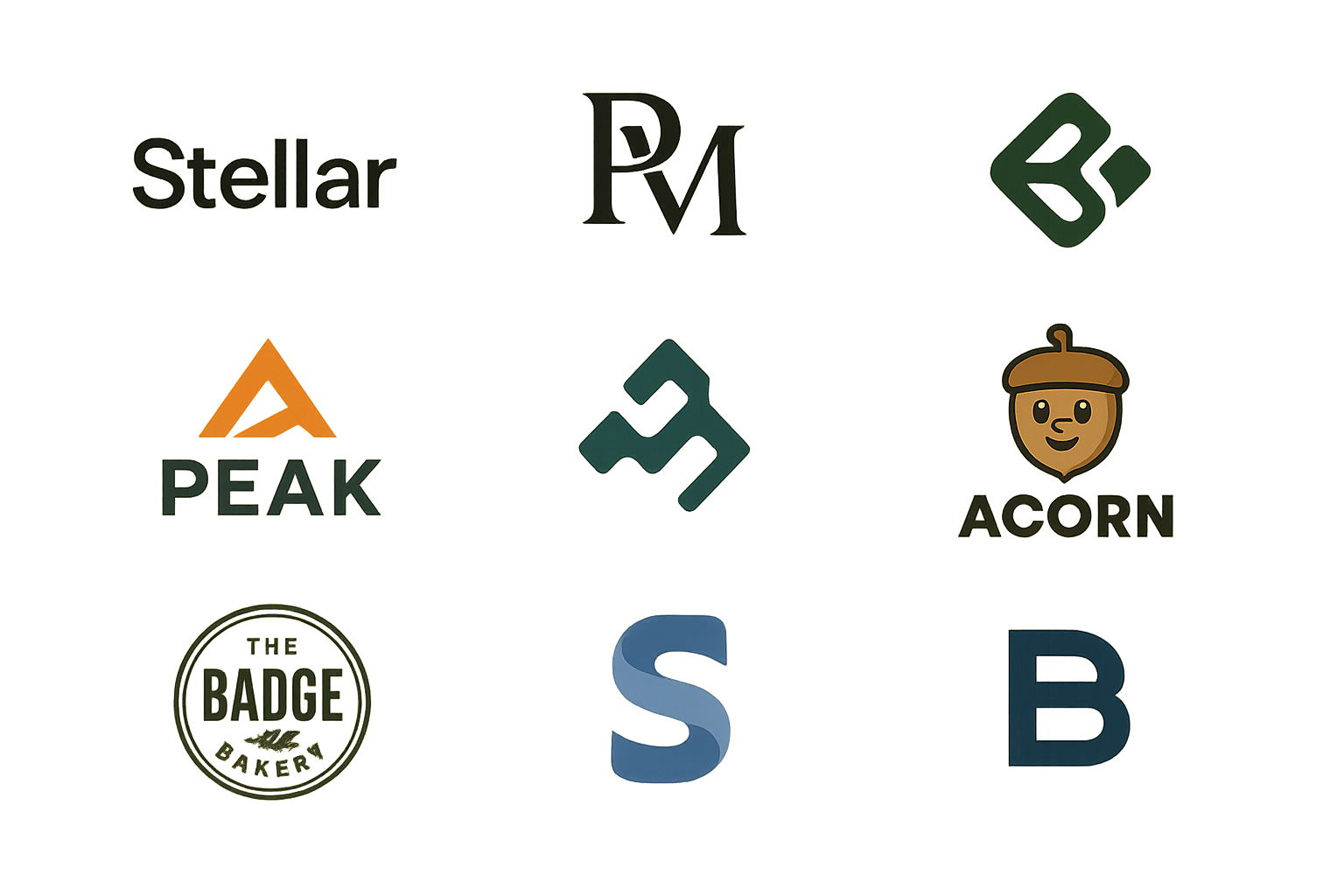 Grid of distinct logo styles - minimalist wordmark, sophisticated monogram, abstract symbol, combination mark, mascot, emblem and letterform designs