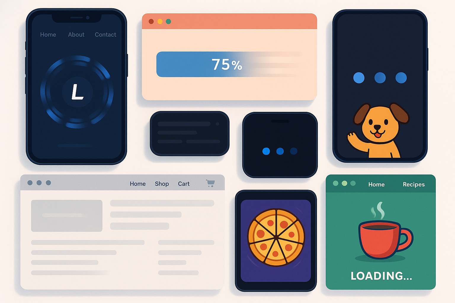 Grid of screens displaying various loader styles - branded spinners, progress bars, pulsing dots, skeleton screens and themed animations