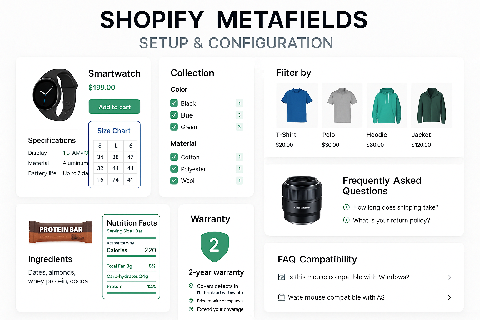 Grid showcase of different metafield implementations including product specifications, ingredient lists, warranty details and custom filtering options