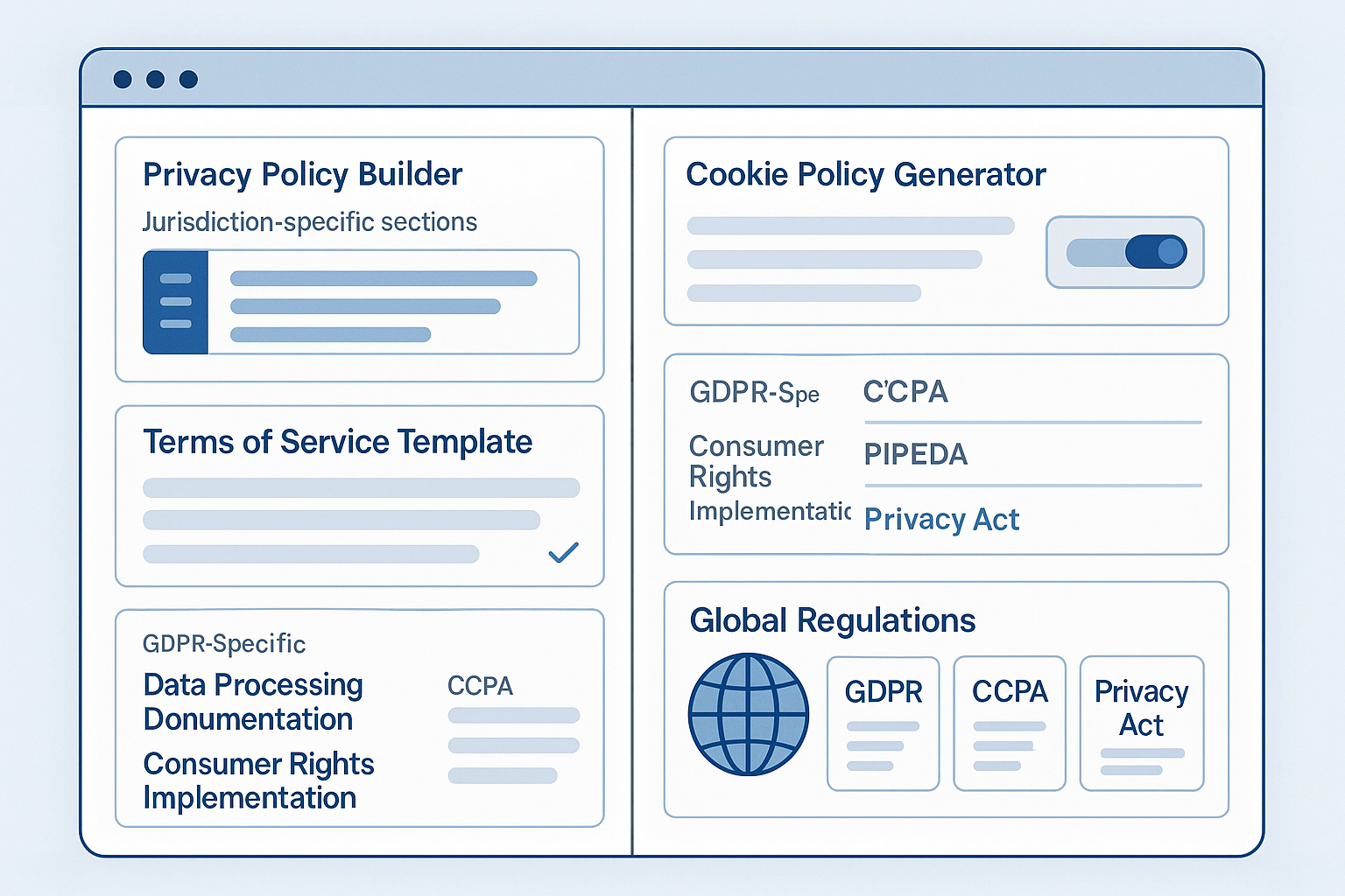Legal policy generation dashboard showing privacy policy builder, terms of service template, cookie policy generator and visual representations of global regulations