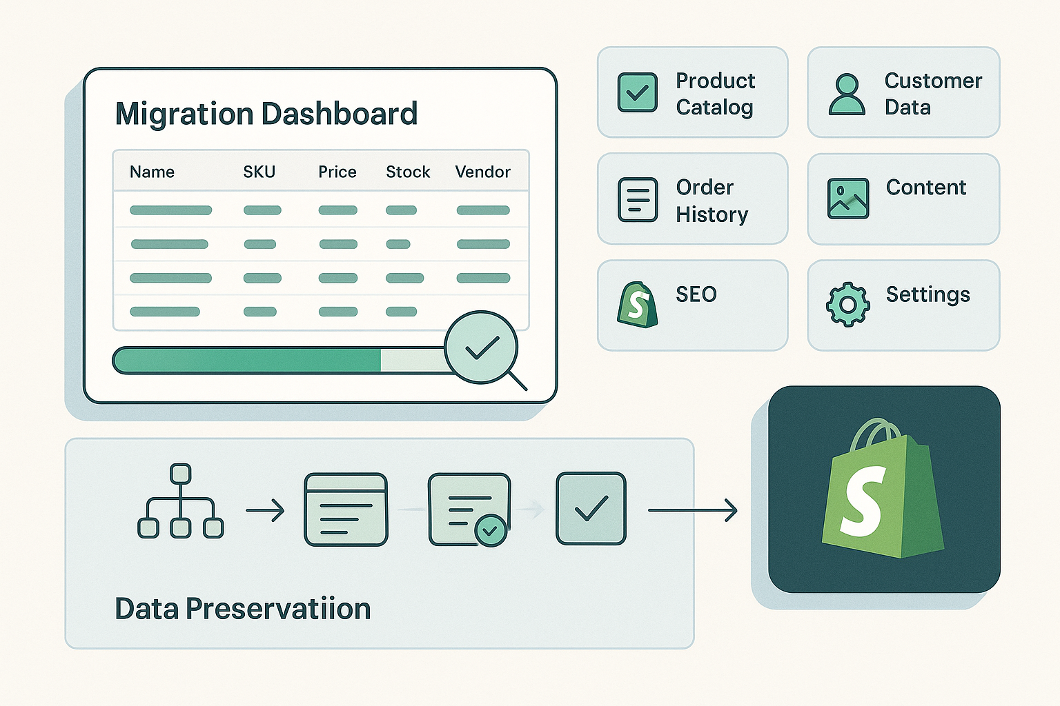 Migration dashboard showing product catalog, customer data, order history, content, SEO and settings transfer with data integrity preservation processes