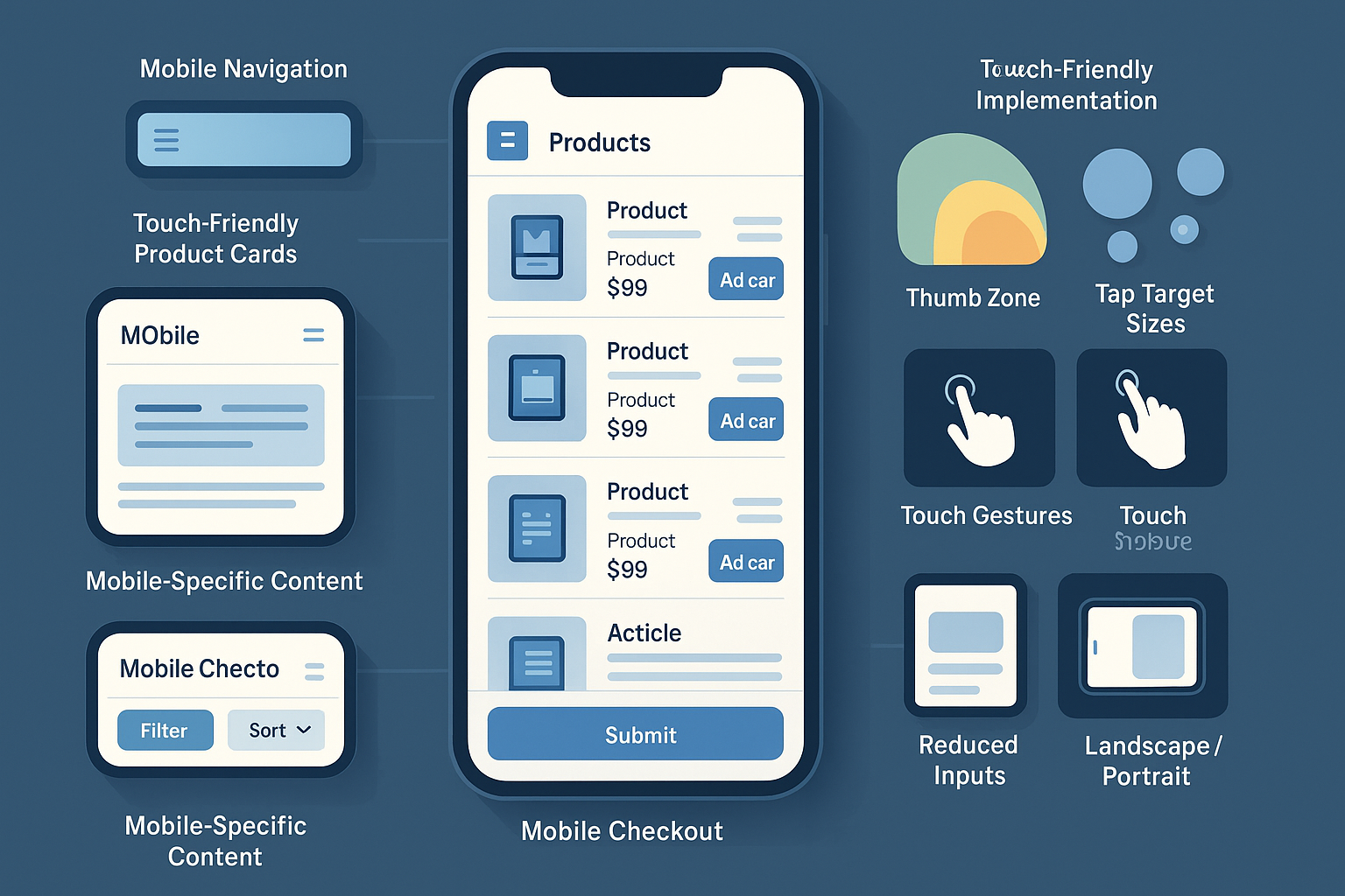 Mobile UX dashboard showing navigation redesign, touch-friendly product cards, form optimization, content presentation and thumb zone heat mapping