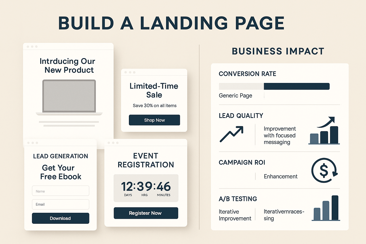 Multi-panel view showing campaign-specific landing pages alongside business results with conversion rate comparisons and ROI enhancement metrics