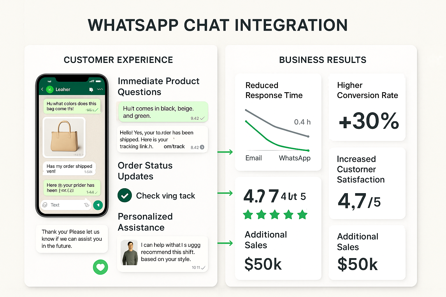 Multi-panel view showing customer experience elements like immediate support alongside business results with reduced response time and conversion metrics