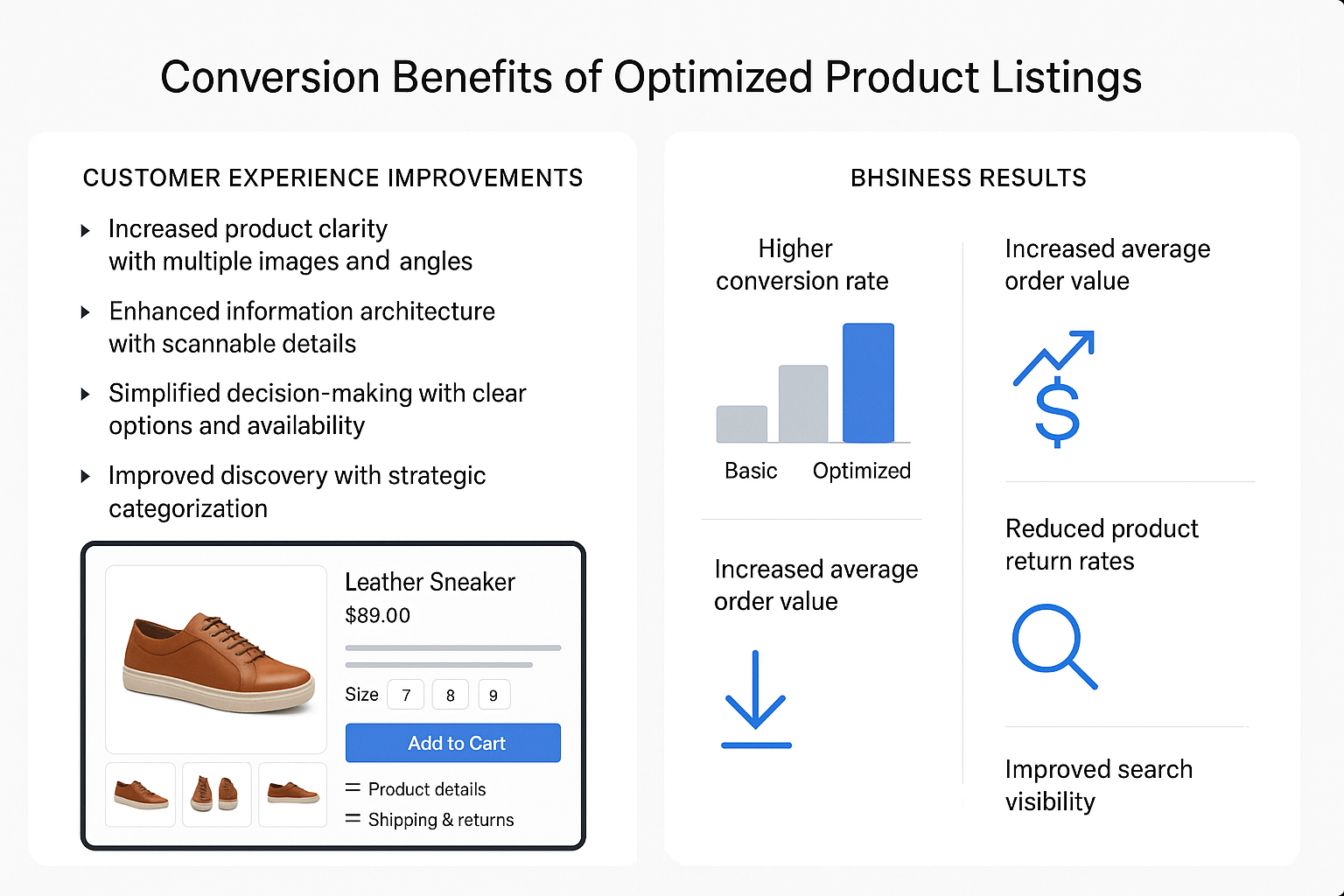 Multi-panel view showing customer experience improvements alongside business results with conversion rate charts and reduced return metrics