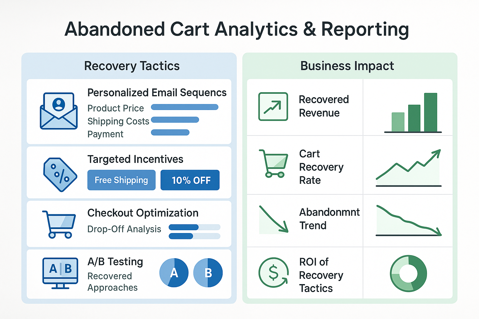 Multi-panel view showing data-driven recovery tactics like personalized emails alongside business results with recovered revenue metrics and decreased abandonment trends