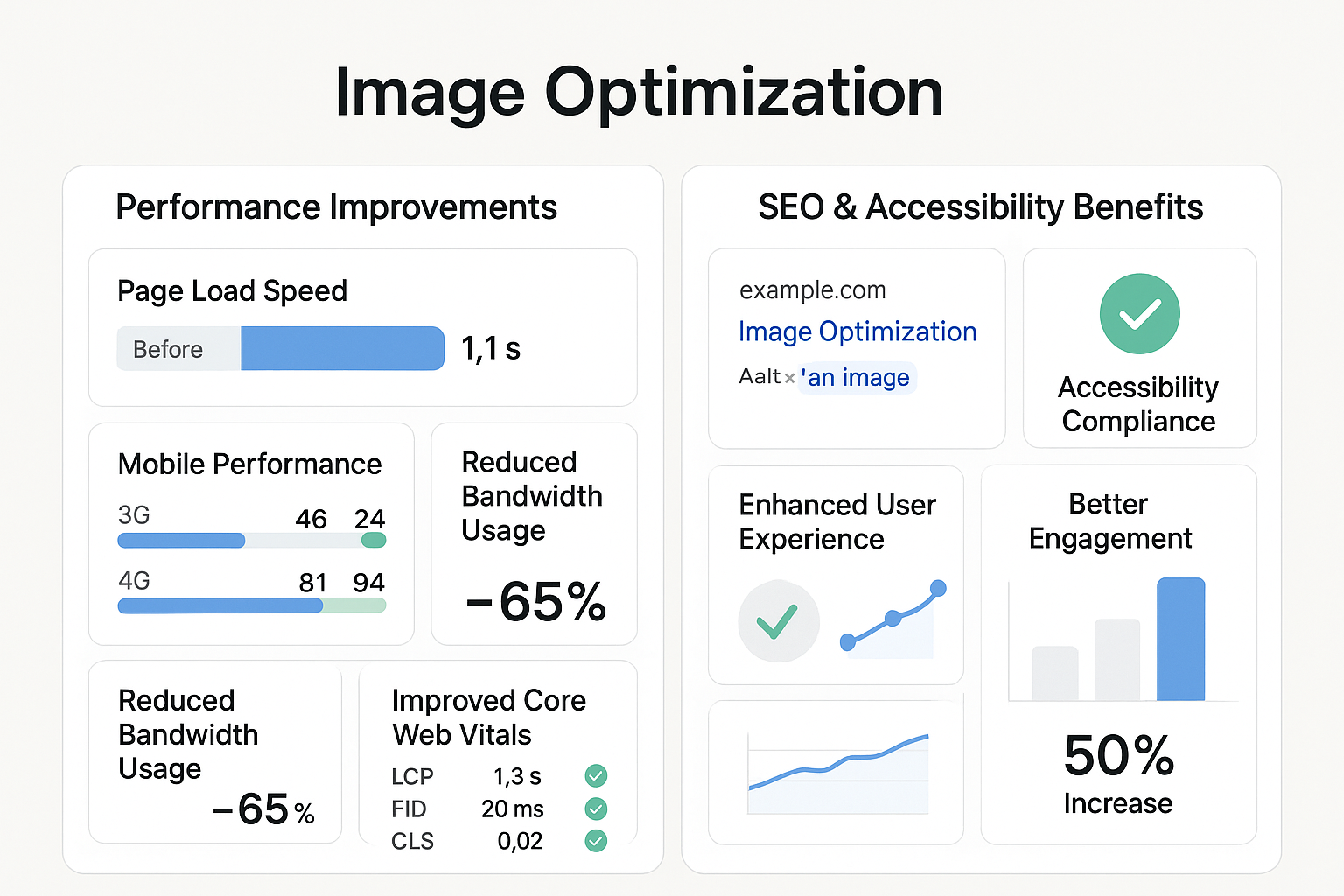 Multi-panel view showing performance improvements with faster load speeds alongside SEO benefits with better search visibility and accessibility compliance