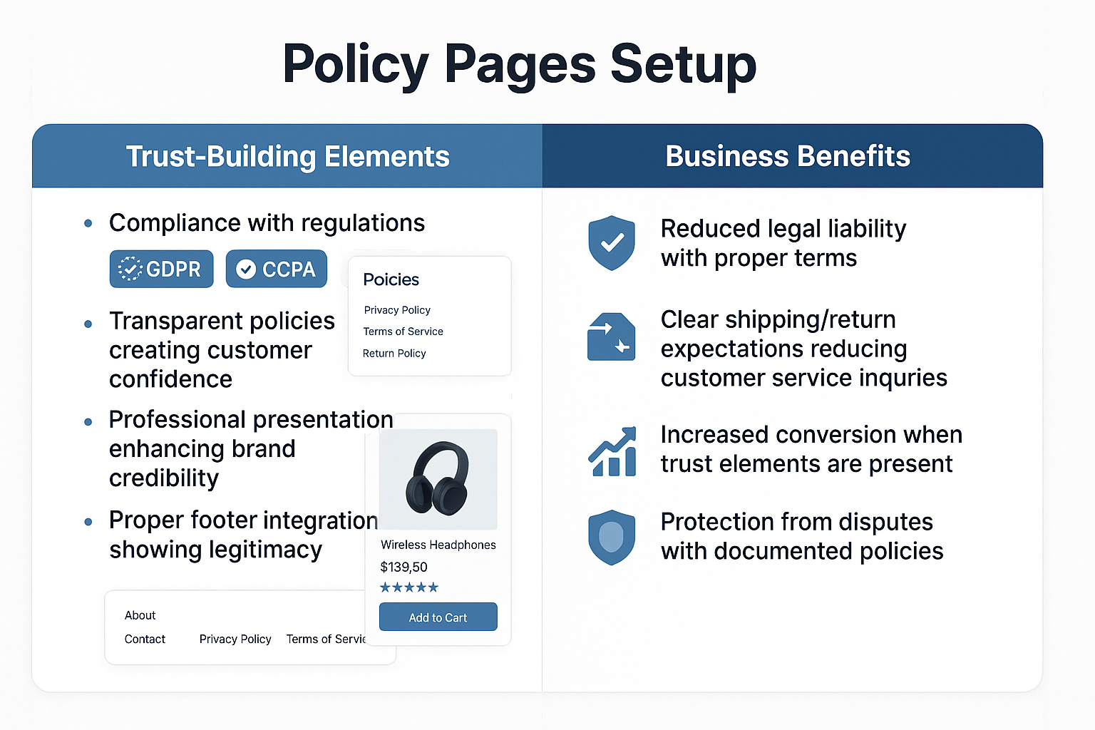 Multi-panel view showing trust-building elements like compliance badges alongside business benefits including reduced liability and increased conversion